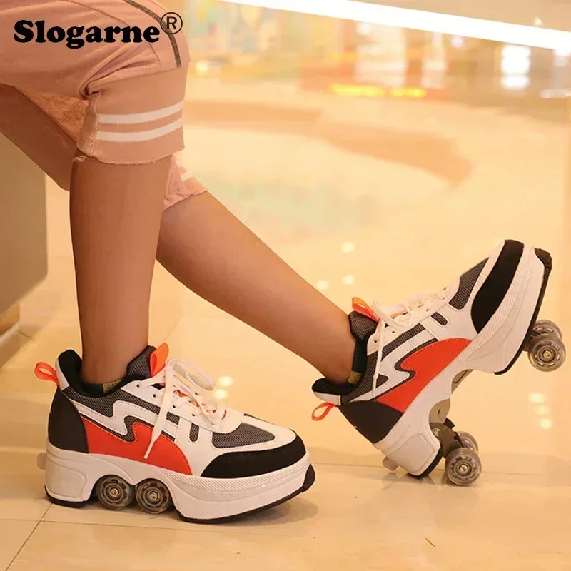 Men\'s Deformation Skate Shoes Boy Roller Skate 4 Wheels Parkour Sports Roller Shoes Kids Roller Skate Unisex Students Sneakers