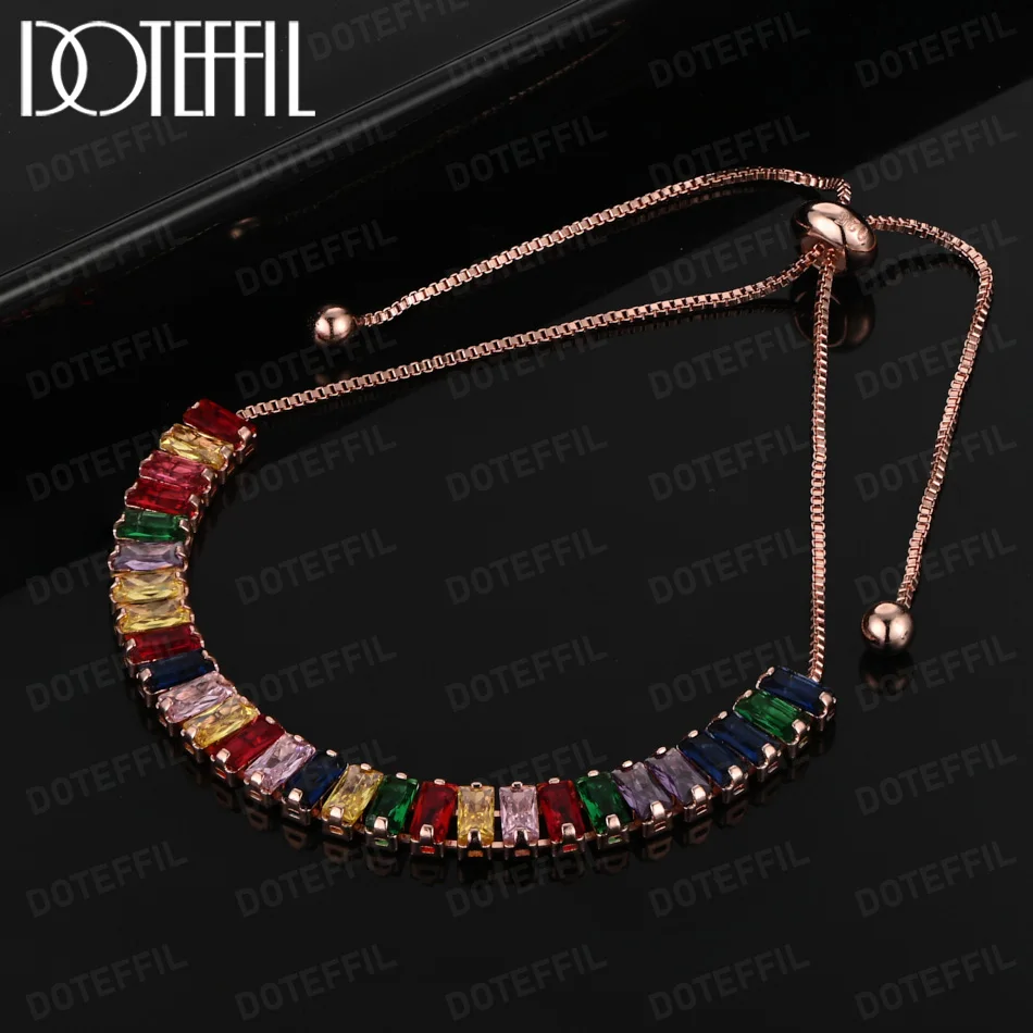 

DOTEFFIL Rose Gold inlaid With Square Multi-color AAA Zircon Bracelet Chain For Woman Engagement Party Wedding Jewelry