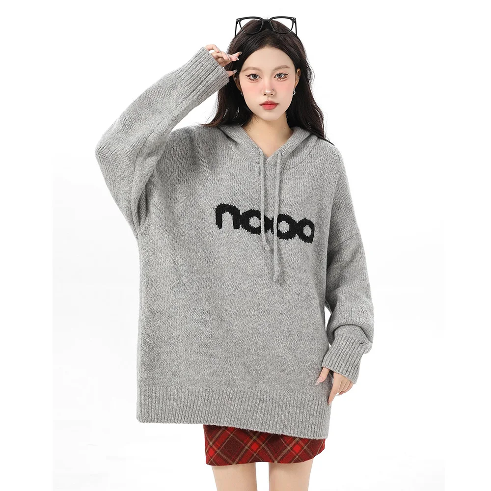 

New Women Autumn Winter Hooded Sweater Fashion Drop-shoulder Long Sleeve Thick Knitted Pullover Casual Loose Gray Sweater