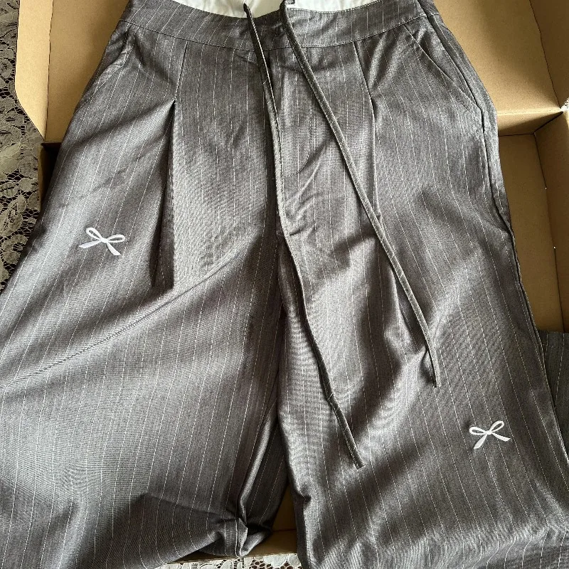 Chic Women High Waist Grey Striped Pants Spring Autumn Drawstring Bow Wide Leg Straight Trousers Casual Versatile Pants