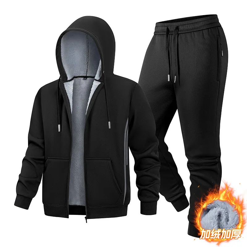2025 الخريف والشتاء جديد سميكة الصوف قطعتين مجموعة مقنعين سترة صوف الضأن البلوز الرجال بدلة رياضية غير رسمية