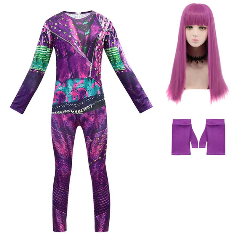 D-descendants 3 Mal Bertha maléfica rizos Live Evil recto azul niñas Uma Cosplay vestido + gorra disfraz de halloween para niños peluca