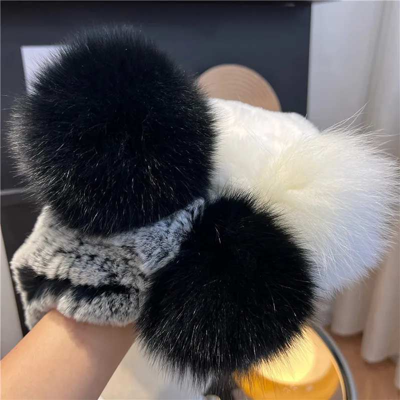 Women Winter Knitted Rex Rabbit Fur ear protecting Hat With Fox Fur Pompoms Warm Windproof Hat For Outdoor Skiing Skating Cold