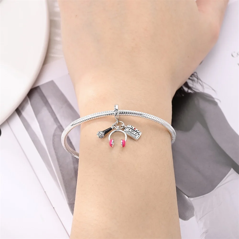 Classic 925 Sterling Silver Headphone Microphone Video Triple Charm Fit Bracelet Women's Concert Jewelry Accessories