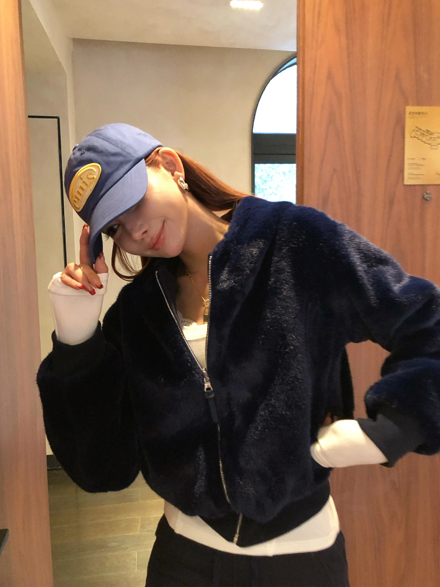 

Womens Short Zipper Fleece Jacket Double Sided Wear Casual Loose Fit Spring Outerwear Comfortable Cotton Polyester Blend