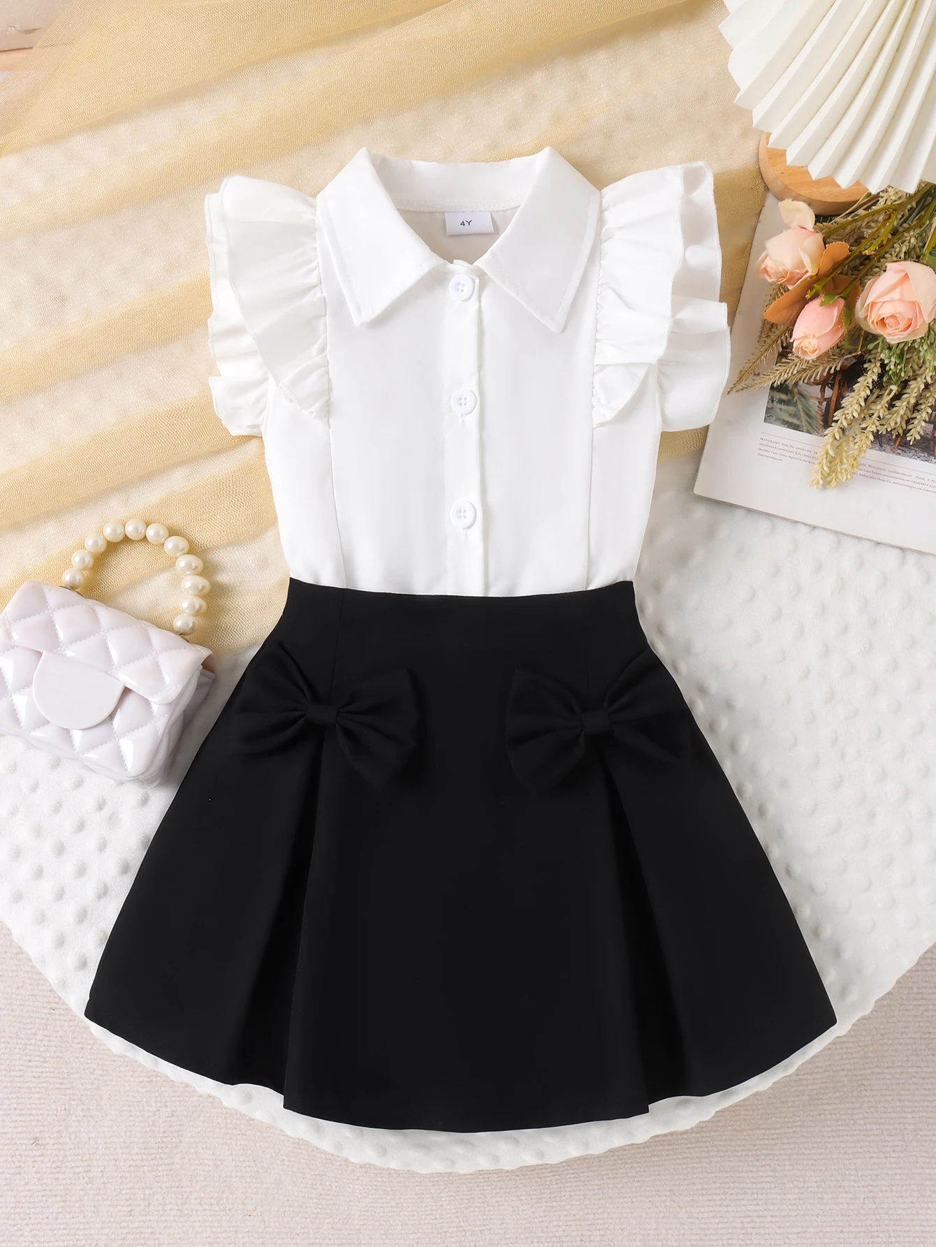 Summer cross-border new girl sweet and cute 2-7 years old white shirt + black skirt