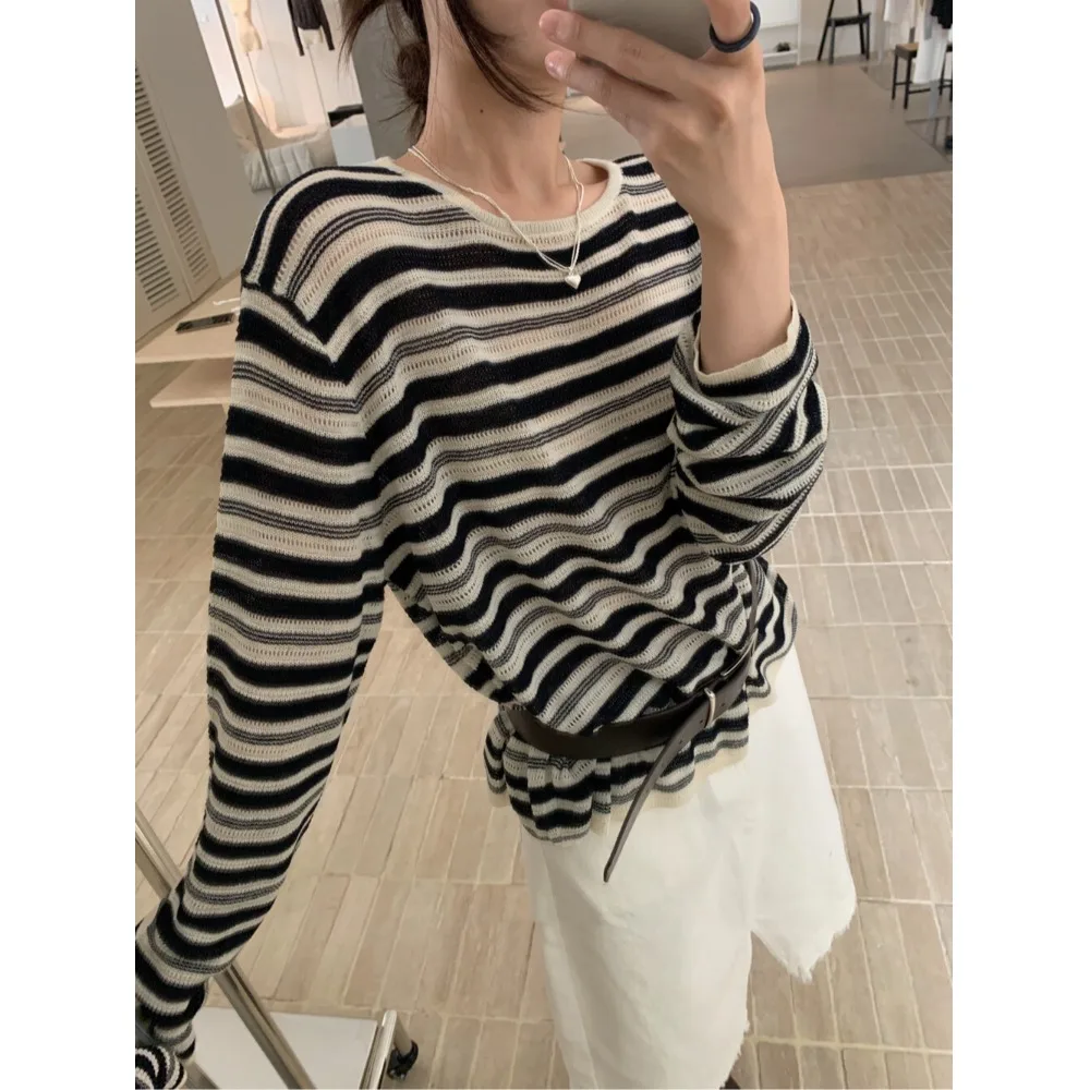 Women's Loose Long Sleeve round Neck Knitted Sweater Stripe Pattern Autumn Top Comfortable Casual Vintage Style Base Layer Shirt