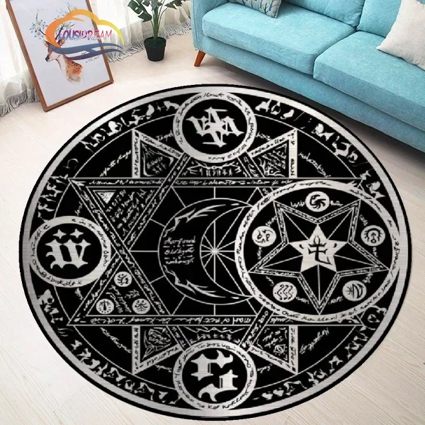 Pentagram sun Patterned Round Carpet, Satan Devil\'s Trap Rug, White  on Black  Supernatural  Rune carpet