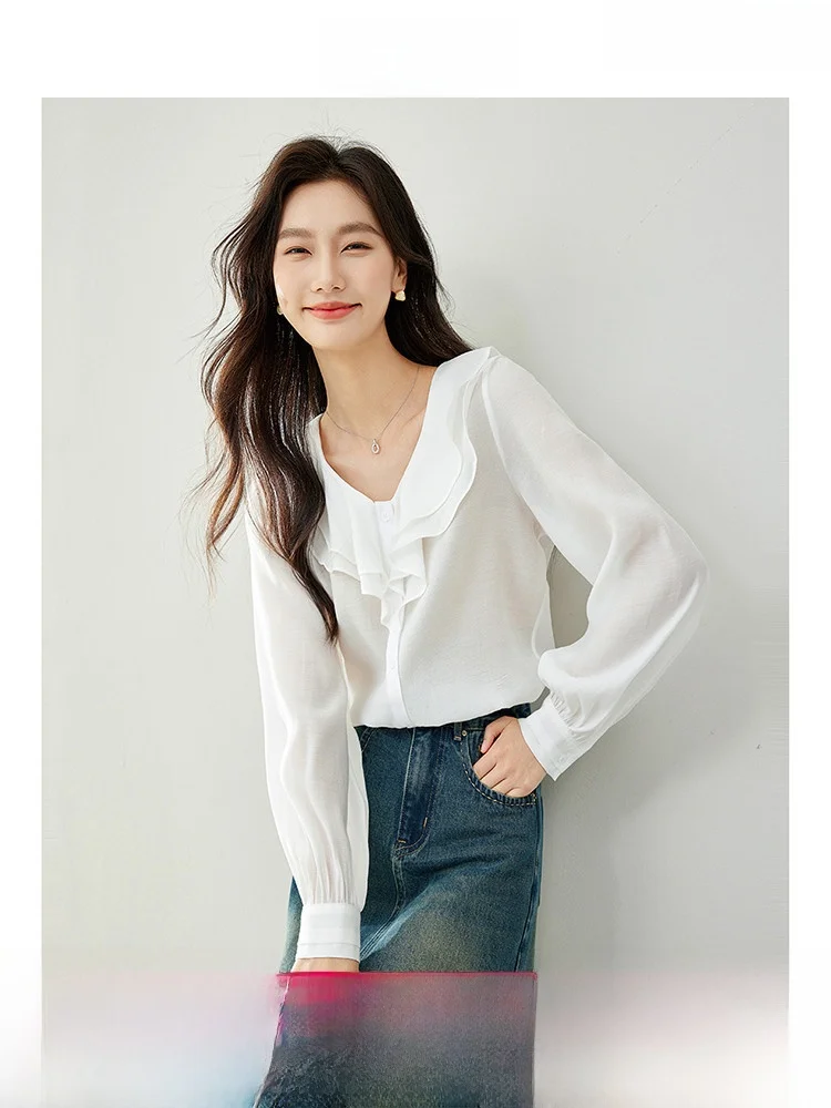 

Женская шифоновая блузка Ele Ladylike с кружевным воротником, осенняя новинка, модный топ в стиле Lazy, однотонный, с пуговицами