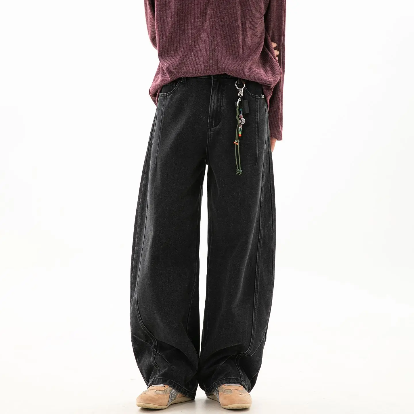 Autumn Classic Structure Split Y2K Korean Baggy Loose Wide Leg Jeans Cityboy High Street Men and Women Elastic Waist Black Pants