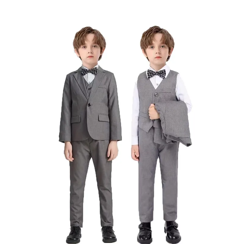 90-150 Kinder Frühling Grau 4-teiliges Set Jacke Weste Hose Fliege Fotografie-Anzug Jungen Hochzeitsanzug Kinder Zeremonie-Kostüm