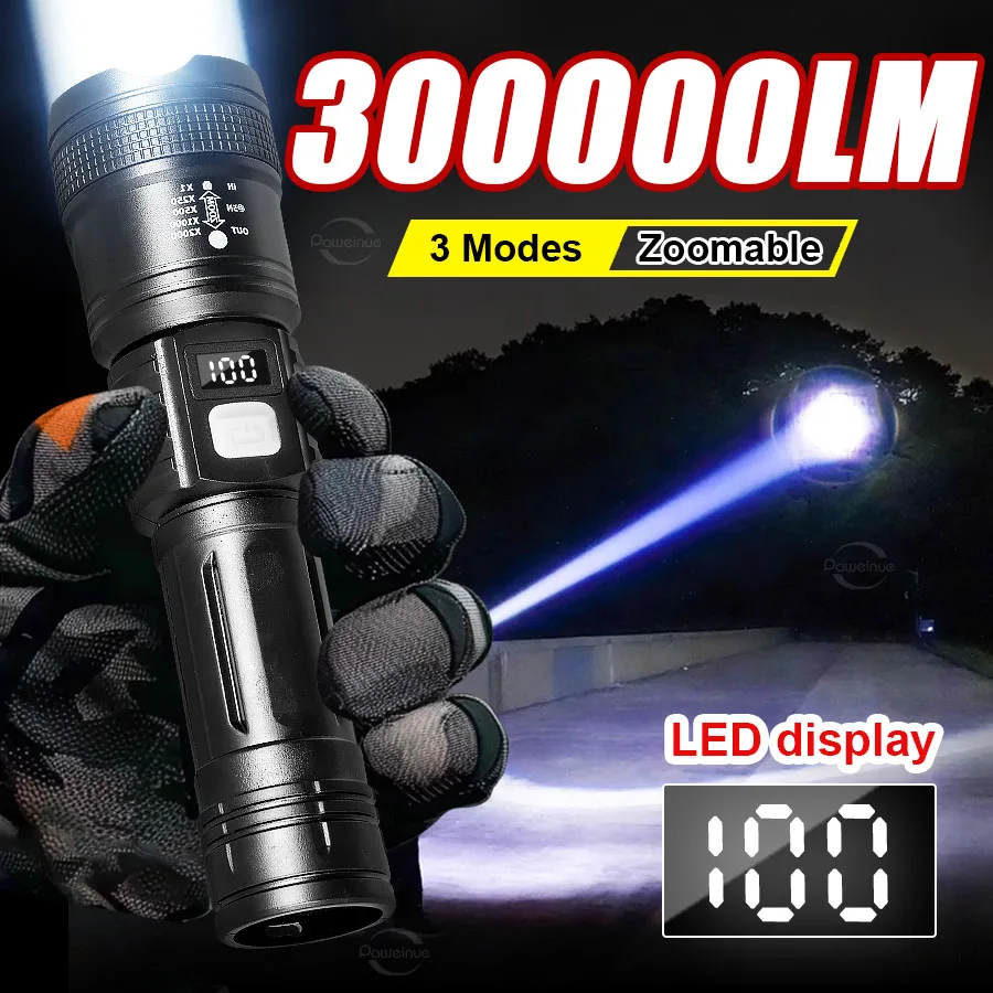 300000LM High Power LED Flashlight Digital Display Waterproof Rechargeable Torch Zoom Hand Light Outdoor Camping Lantern