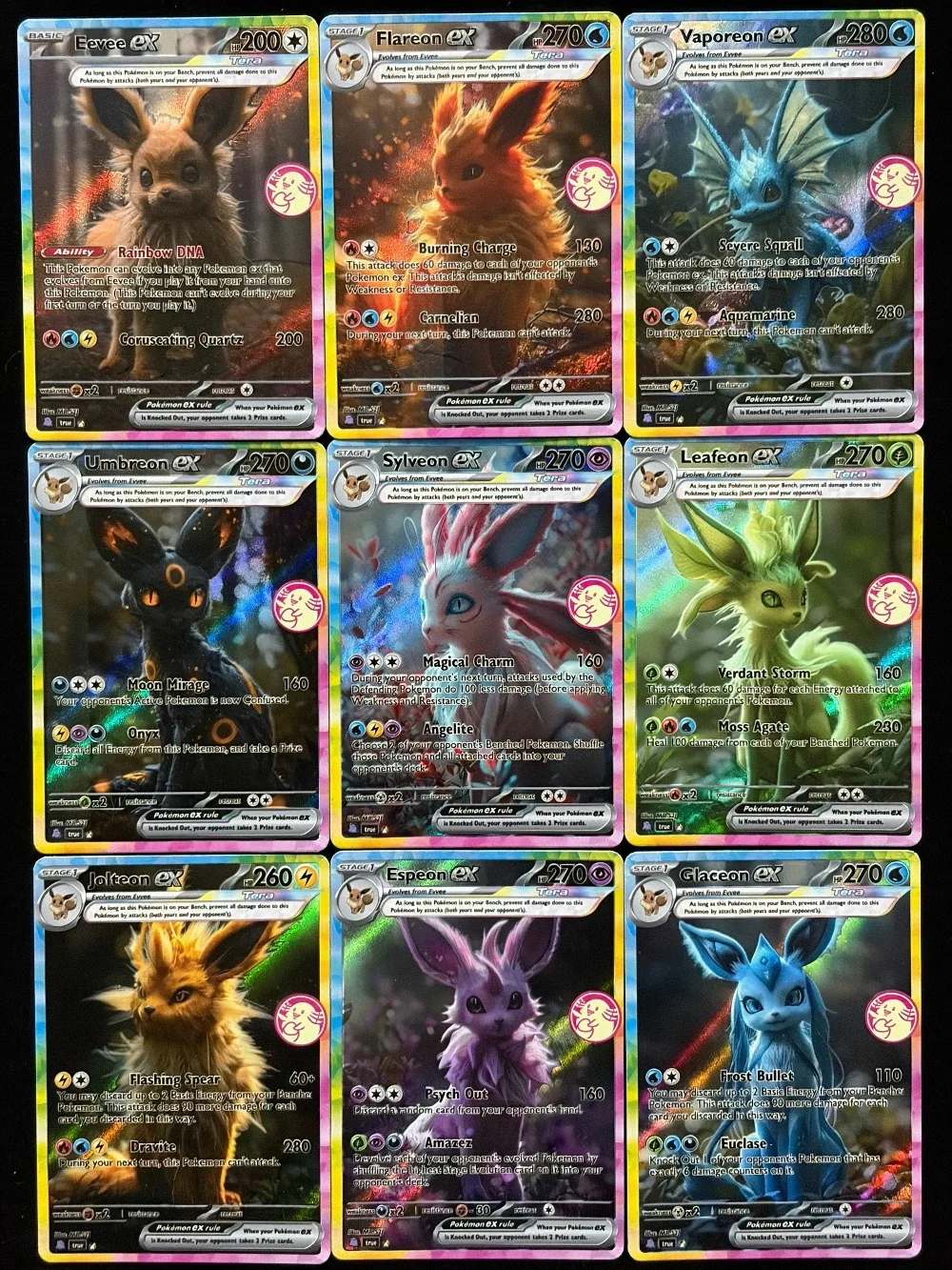 بطاقات البوكيمون Umbreon Sylveon Leafeon Eeveelution سلسلة العالم الحقيقي بطاقات تداول هولو النادرة الإبداع بطاقات البوكيمون PTCG هدية