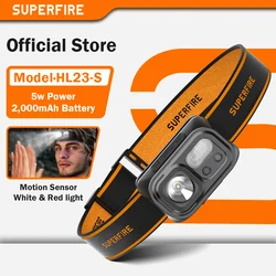 SUPERFIRE Mini akumulatorowa latarka czołowa o dużej mocy piesze wycieczki Camping USB C reflektor LED reflektor z czujnikiem przedni reflektor do pracy