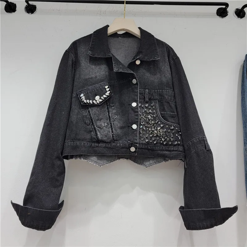 

American Retro 2023 Autumn New Splicing Contrasting Colors and Diamonds Design Sense Loose Small Fried Street Denim Jacket