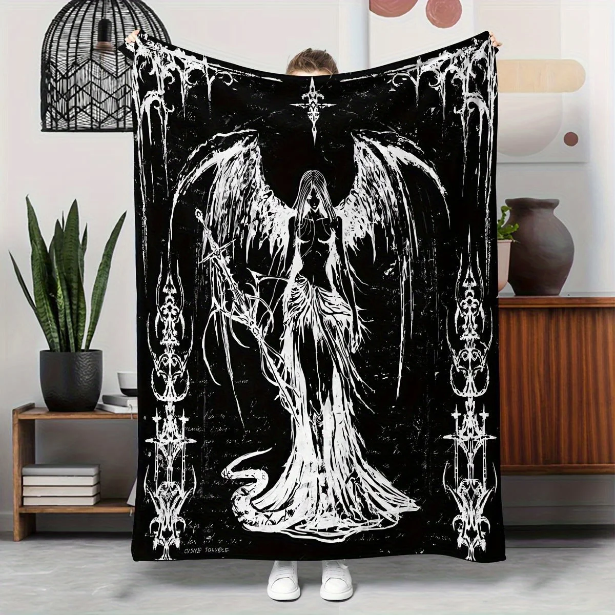 Gothic Black & White Angel Flannel Throw – Extra Large, Soft, Machine Washable – for Sofa, Bed, Travel – Dark Fantasy Home Decor
