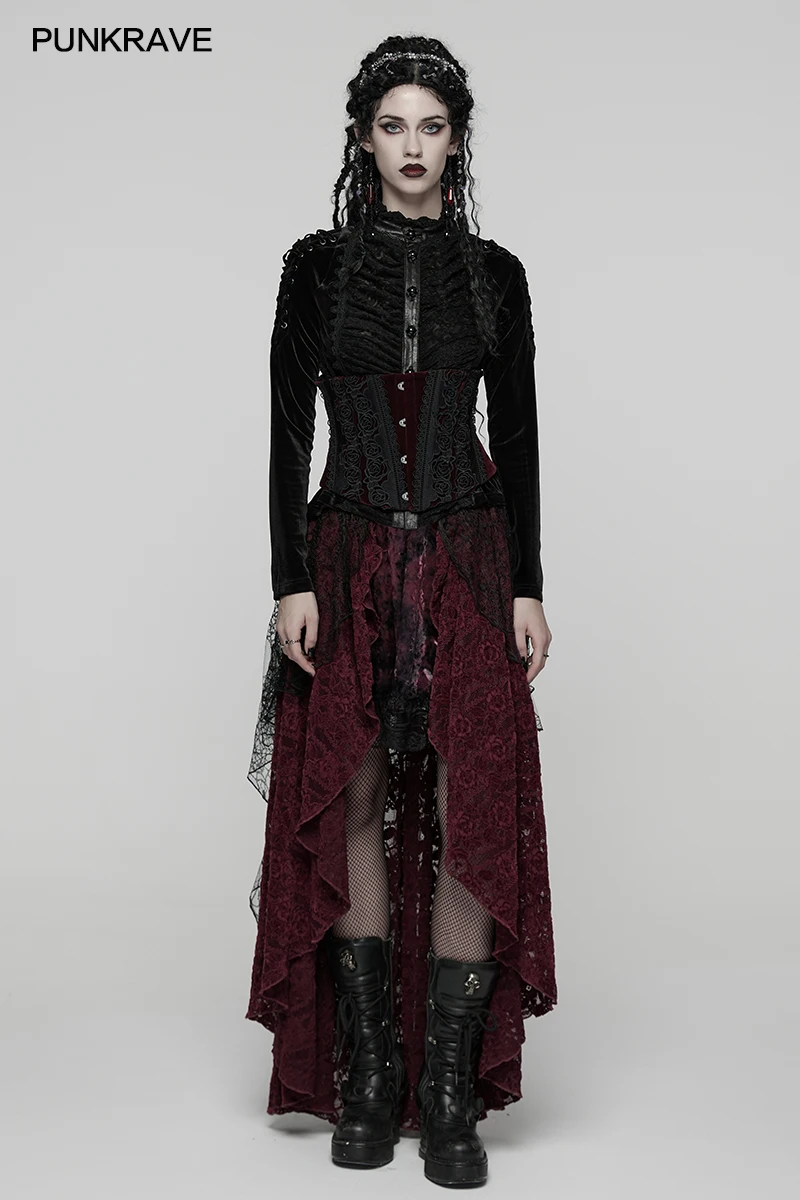 PUNK RAVE Women's Gothic Beauty 3D Lace High-low Design Tie-dyed Velvet Skirt Sexy Pleated Half Skirts Two Colors Women Clothing