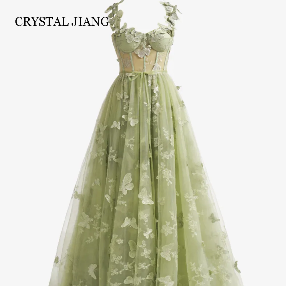 

Classic Long Green Sweetheart Tulle Prom Dresses with Butterfly Appliques Lace Up A Line Sweep Train Vestido De Festa