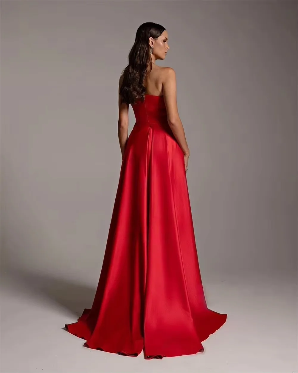 Custom long red satin mermaid evening dress, floor length with zipper back. Elegant fitted silhouette, custom sizes available. I