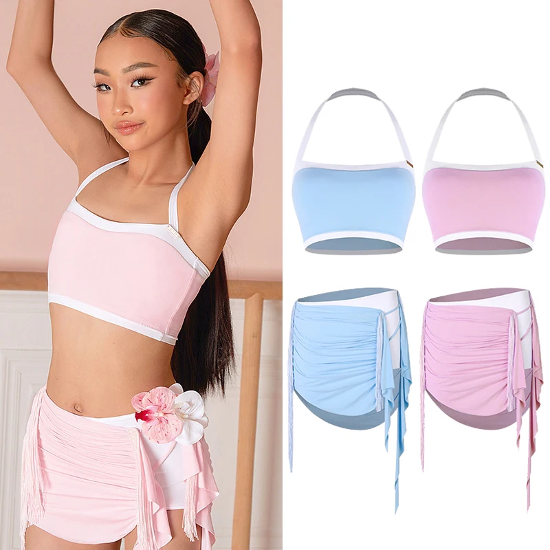 

Summer Kids ZYM Latin Dance Clothes Girls Performance Costume Halter Neck Short Tops Fringe Skirt Practice Clothing DNV23957