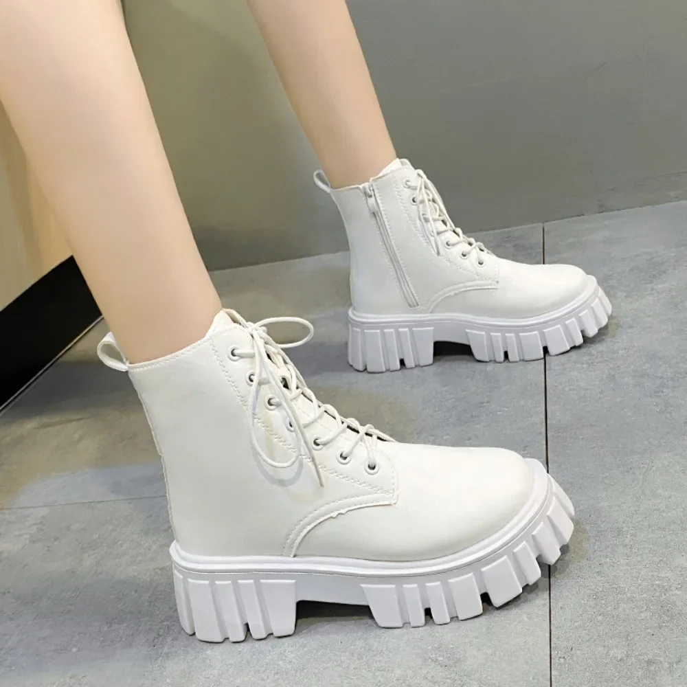 Chunky Platform White Ankle Boots Women Autumn Winter Pu Leather Combat Booties  Punk Thick Bottom Motorcycle Boots