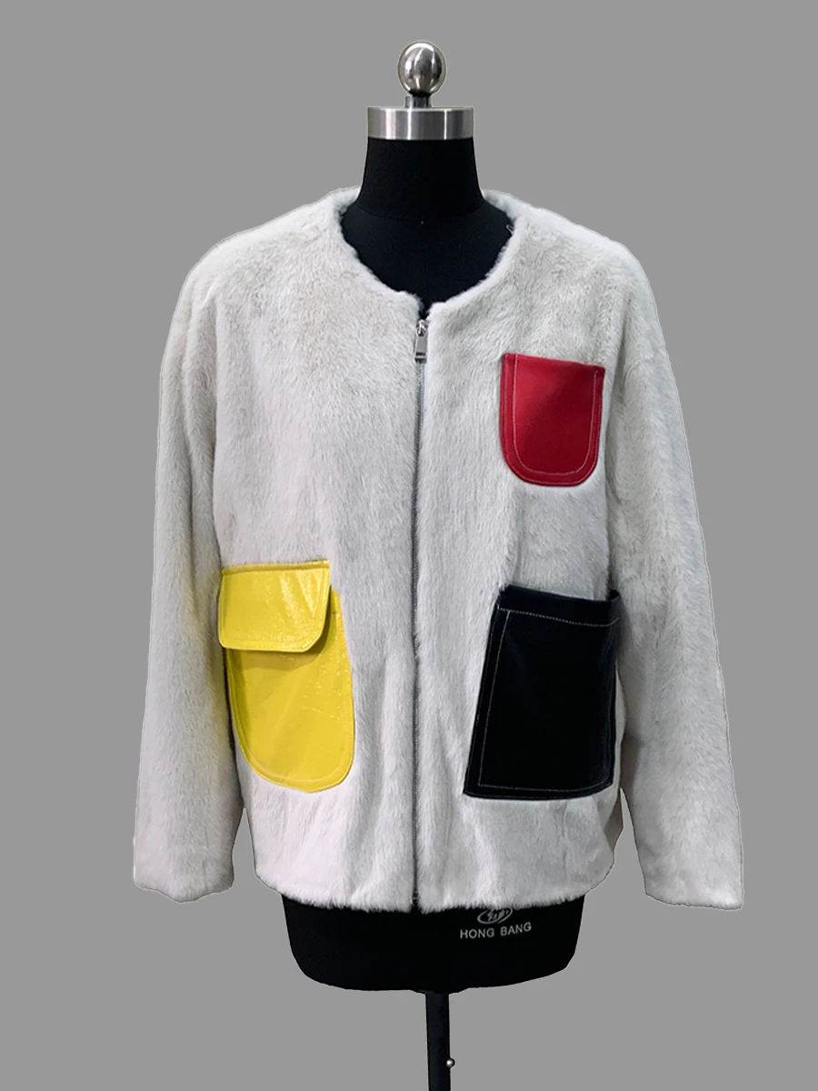 Nerazzurri Autumn Winter Multicolored Warm Pu Leather Patchwork Faux Mink Fur Coat Women Luxury Designer Clothes Fluffy Jacket