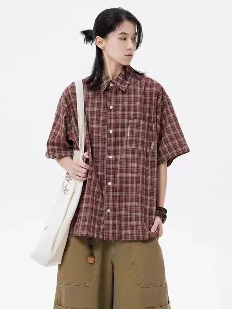 Koszula w kratę Harajuku Y2K damska streetwear oversize krótki rękaw retro bluzka japońska luźna kieszeń Bf letnia uniwersalna vintage top