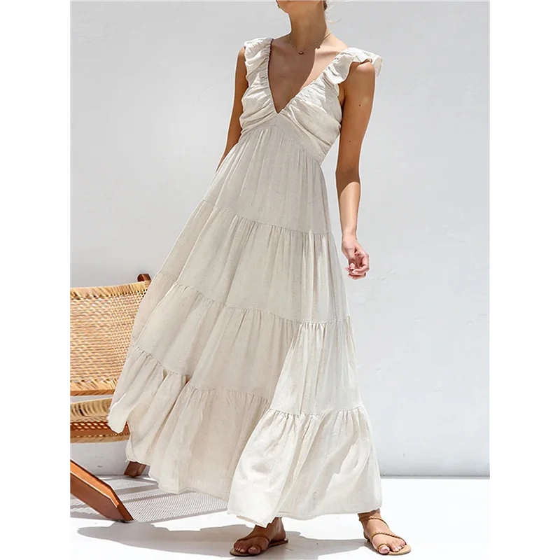 NUOVO-Abito maxi fluido estivo da donna, casual, senza maniche, con scollo a V, smock, prendisole da spiaggia
