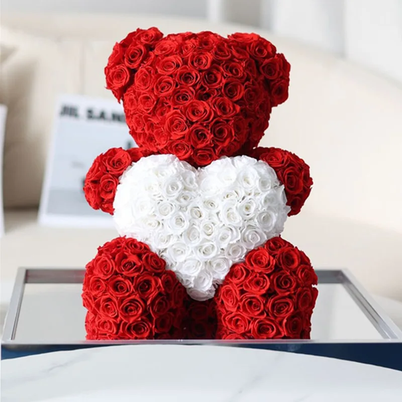 

Large immortal flower rose bear real flower finished acrylic box handmade creative gift home decoration ornament