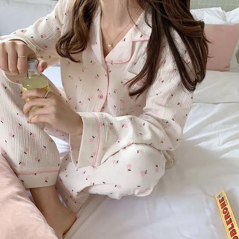 Floral Sleepwear Women Pajama Sets Lace Piiama Autumn Pants Sets for Women 2 Pieces Long Sleeve Night Wears Button Home Suit New