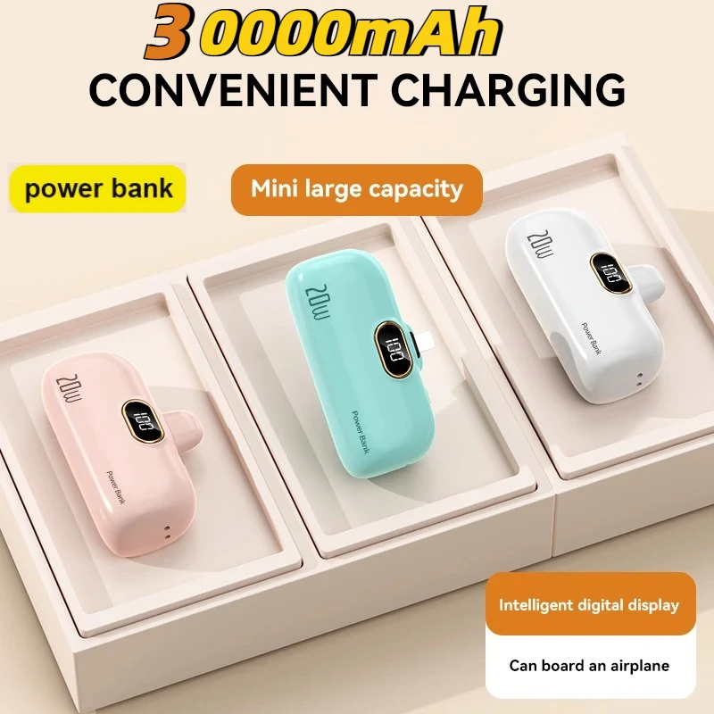 Mini 30000mAh Power Bank Built Cable Portable Mobile Phone Charger External Battery Capsule Powerbank For Type-C iPhone