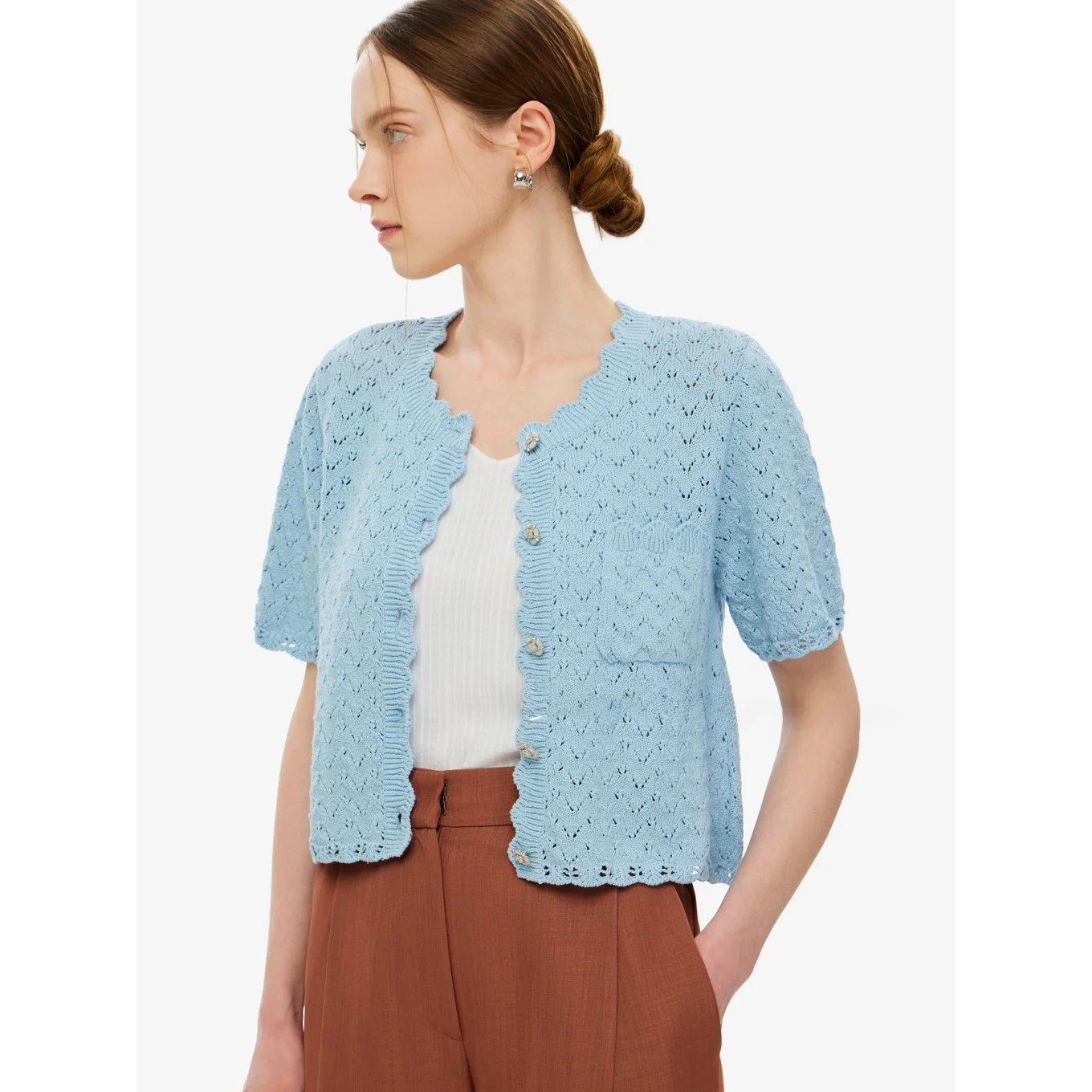 

Slimming Pure Cotton Hollow out Elastic Commute Versatile Short Sleeve Knitted Shirt Korean Style Thin Cardigan Women's Top