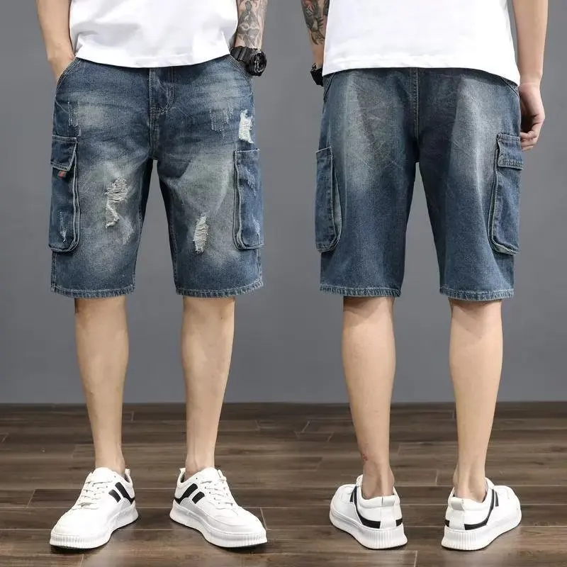 

Loose Straight Leg Thin Denim Shorts Men's Trendy Brand Summer Workwear Multi-Pocket Casual Jeans Shorts Youth Fashion
