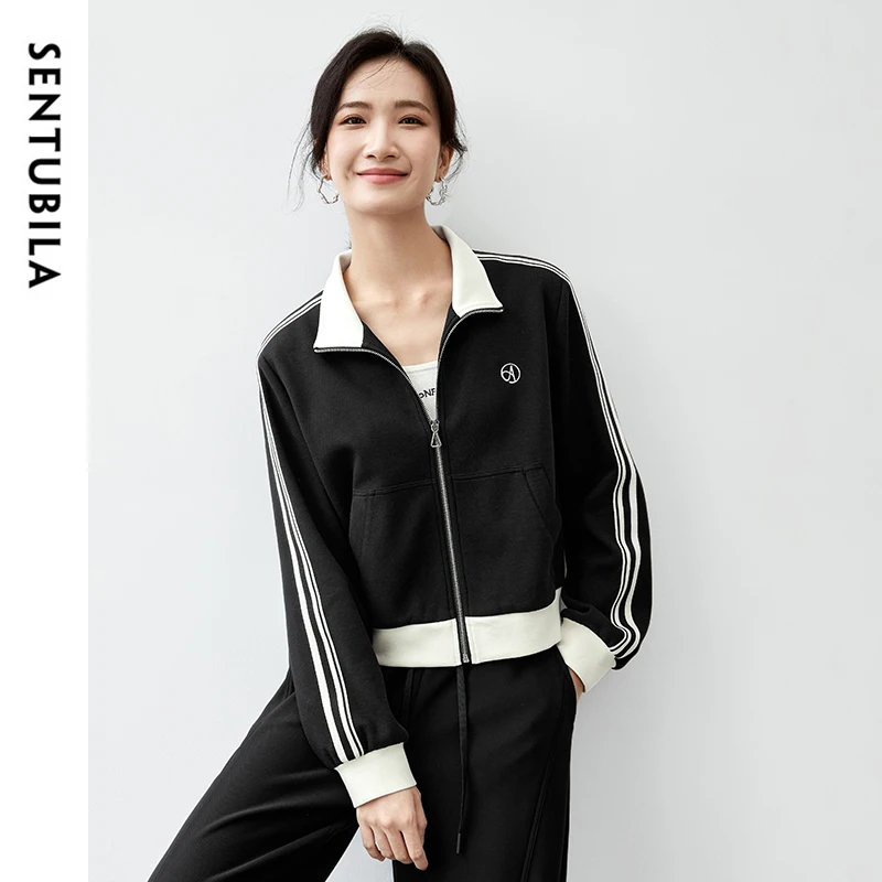 SENTUBILA Casual zwarte jassen voor dames Katoen 202 Winter Los patchwork Gesplitst Kraagvorm Rits Sportjas 143W56386