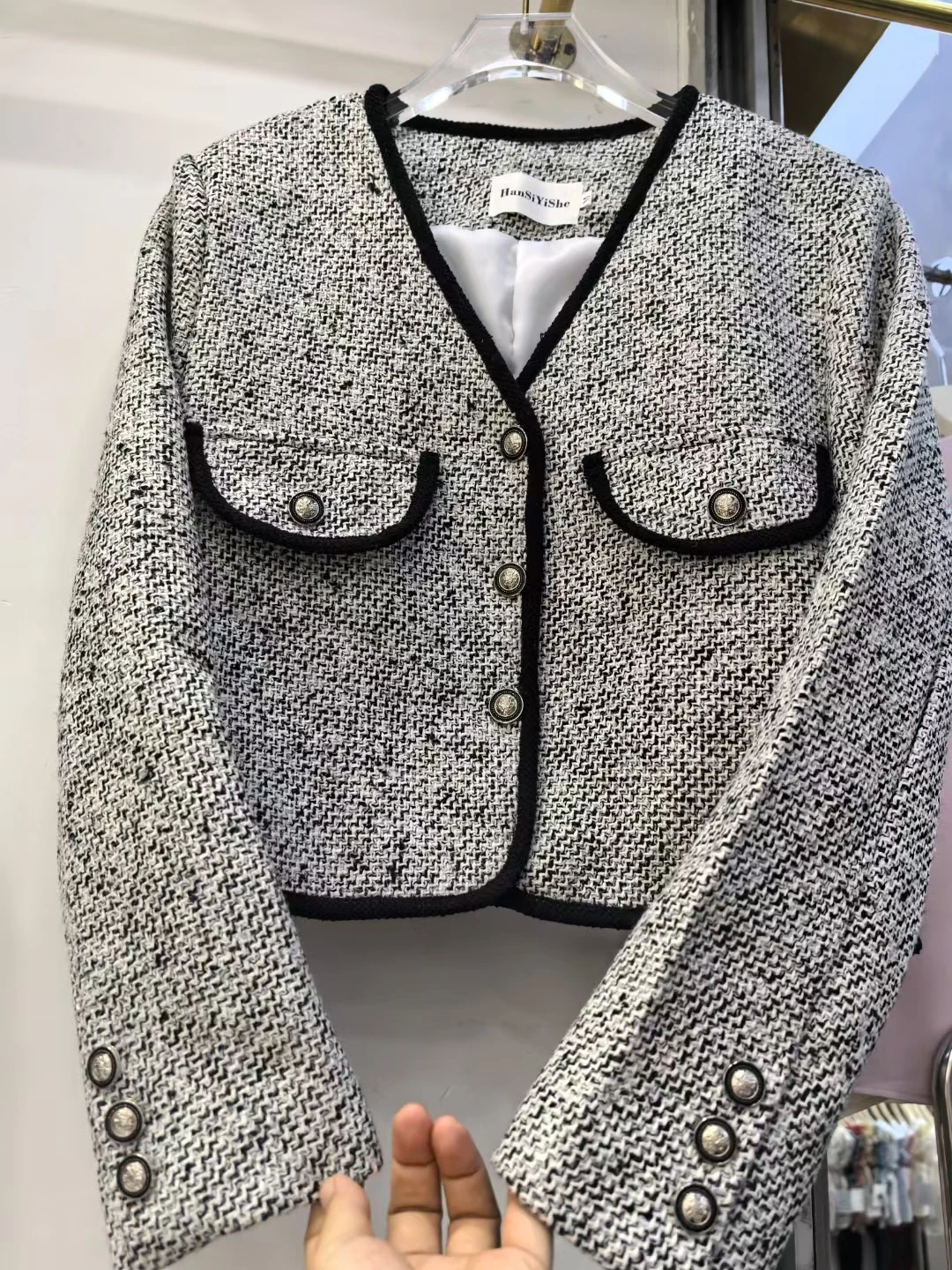 Chaqueta corta de estilo coreano para mujer, traje gris de alta calidad, moda de otoño e invierno, abrigo elegante con cuello en V, traje de oficina para mujer 2024