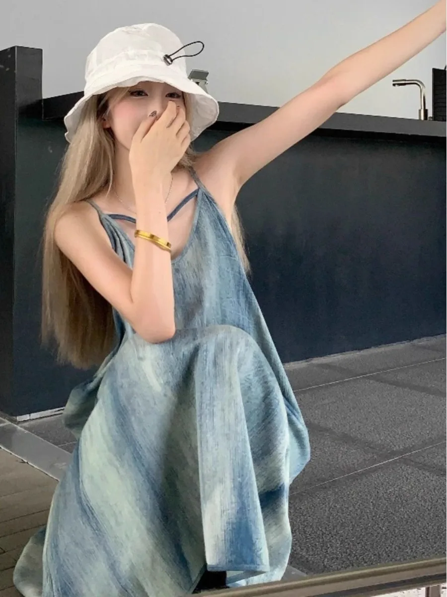 Elegant Tie Dye Maxi Dress Women's Summer Loose Casual Beach Vacation Gown High Waist A-Line Skirt Korean Style Commute