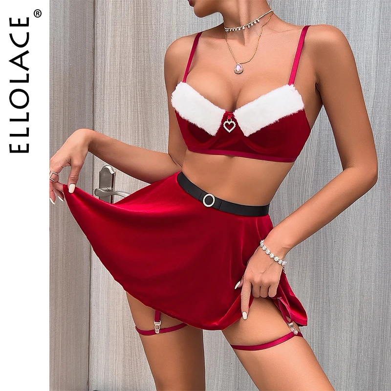 Ellolace natal sexy lingerie pacote feminino veludo senhora sutiã conjunto com saia quente conjunto lingeries luxo roupa fina