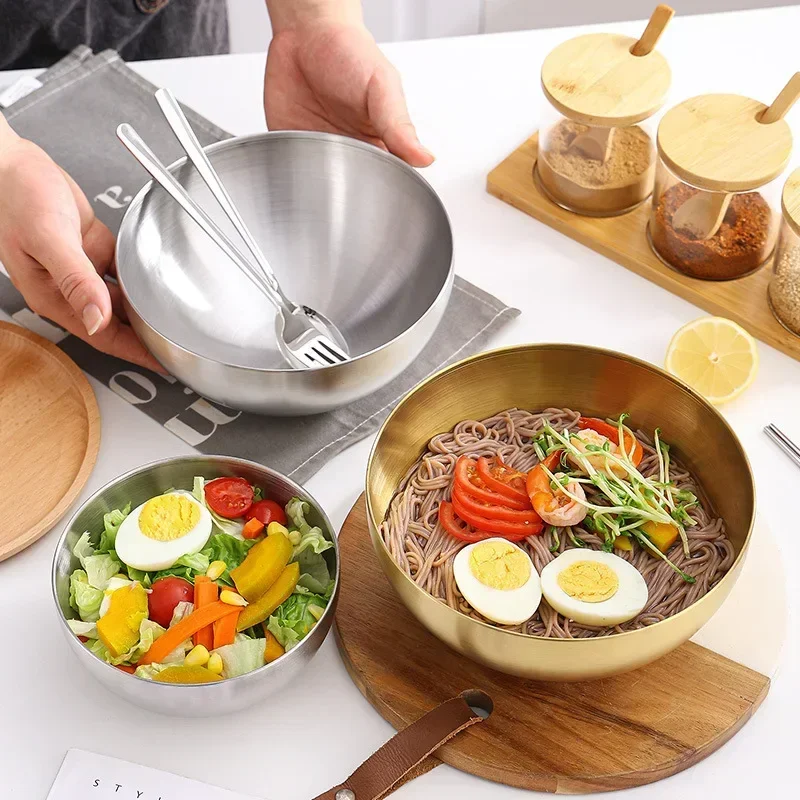 15-25cm Korean 304 Stainless Steel Salad Bowl Ice Cream Soup Noodle Round Golden Silver Bowl Kitchen Tableware Food Container