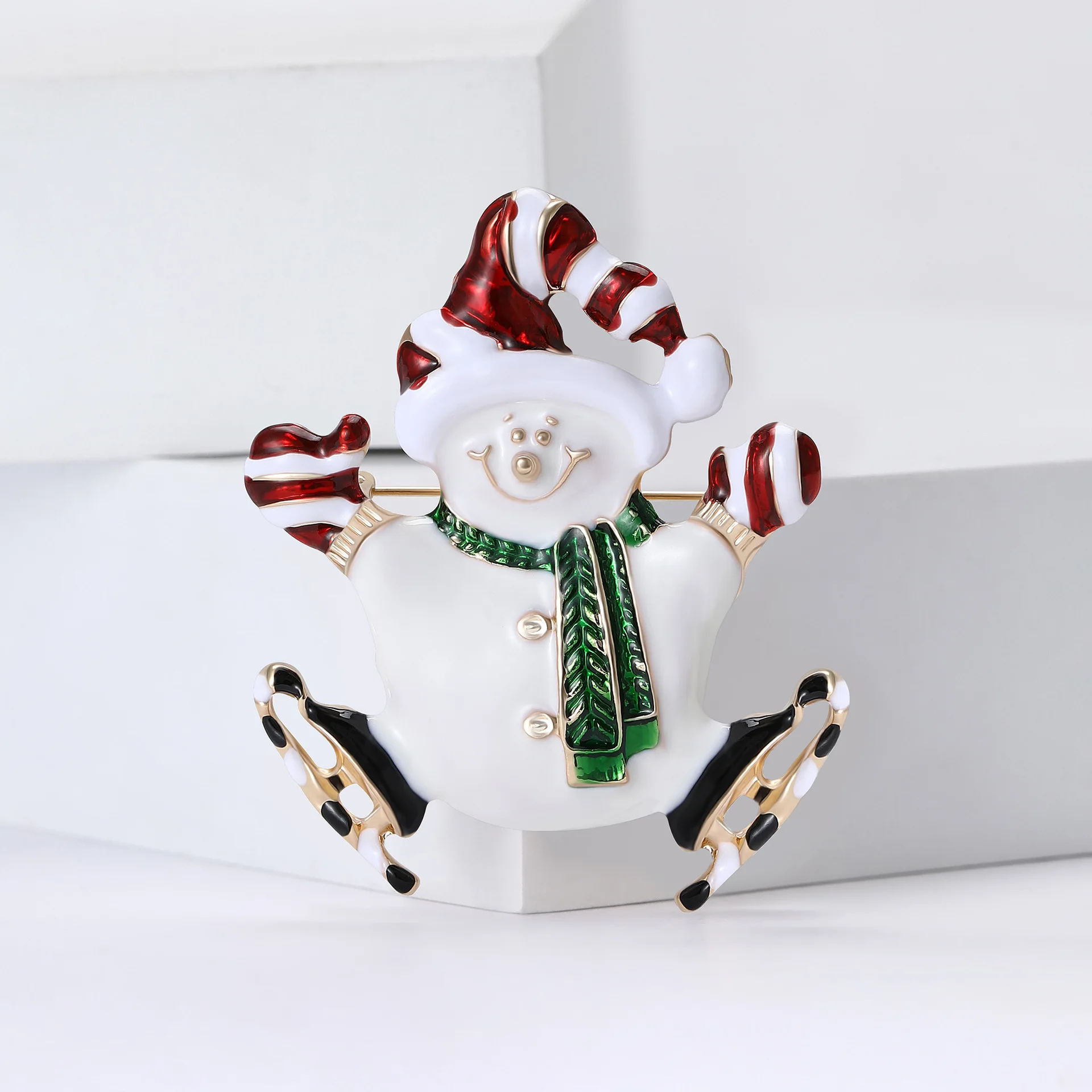 Skating Snowman Brooch Red‑White Striped Hat Green Scarf Enamel Lapel Pin Xmas Holiday Decoration Craft Gift 1PC