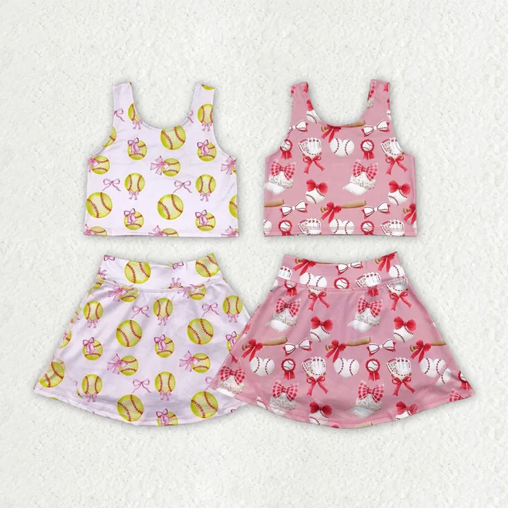 

New Fashion Sibling Baby Girls Bows Baseballs Yoga Team Active Wear Top Shorts Skirts Wholesale Boutqiue Kid Clothes Short Skirt