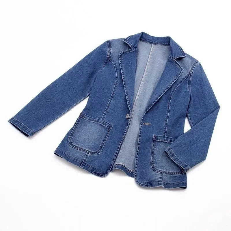 Solid Denim Blazer Women Slim Fit Notched Collar Long Sleeve Casual Jean Jacket Outerwear