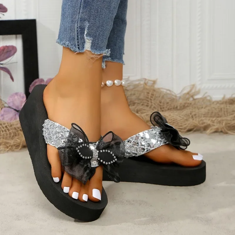 รองเท้าแตะสตรีรองเท้าหญิง 2025 Flip Flops PLUS ขนาดรองเท้าแตะลําลองผู้หญิงรอบ Toe Platform Wedges Bow Tie ผู้หญิงรองเท้าแตะ