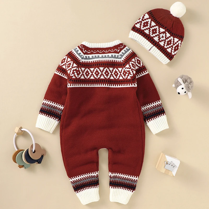 New Christmas Newborn Baby Romper +Hat Knitted Toddler Girls Christmas Kids Clothes One Piece Overall Infant Boy Jumpsuit Outfit