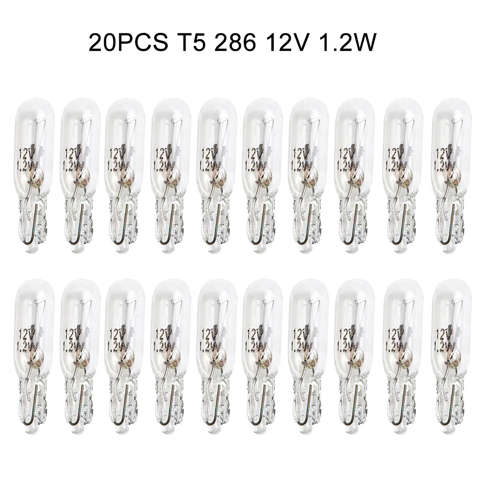 

T5 286 Car Dashboard Light Bulbs Set, 20pcs, 12V 1 2W, Quartz Glass, Halogen Technology, Warm White Light, Wedge Bulb Type