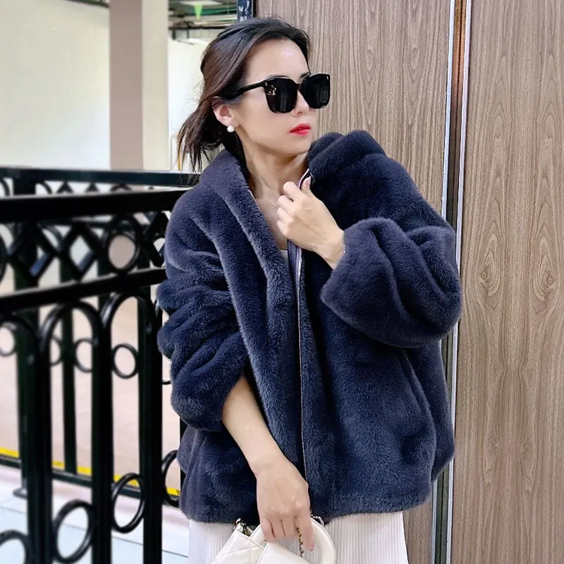 2024 Women Autumn Winter Imitation Mink Cashmere Coat Lady Loose Oversize Short Cardigan Female Casual h Knit Outerwear RS-607