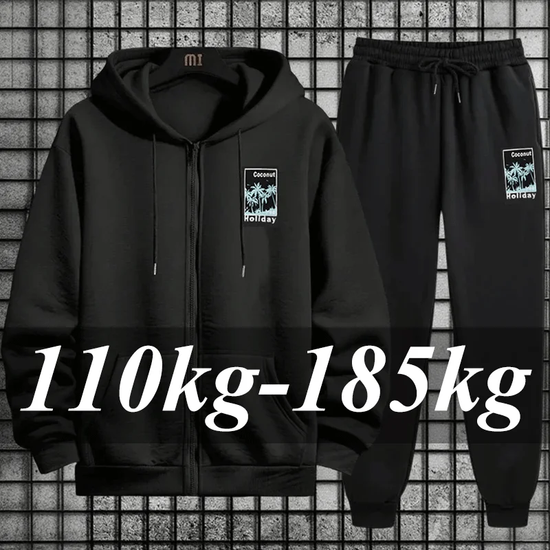 Men's Plus Size Zipper Hoodies Sweatpants Streetwear Tracksuit Autumn Winter Sporty Outfits Fashion Print Coats Casual 2pcs Set