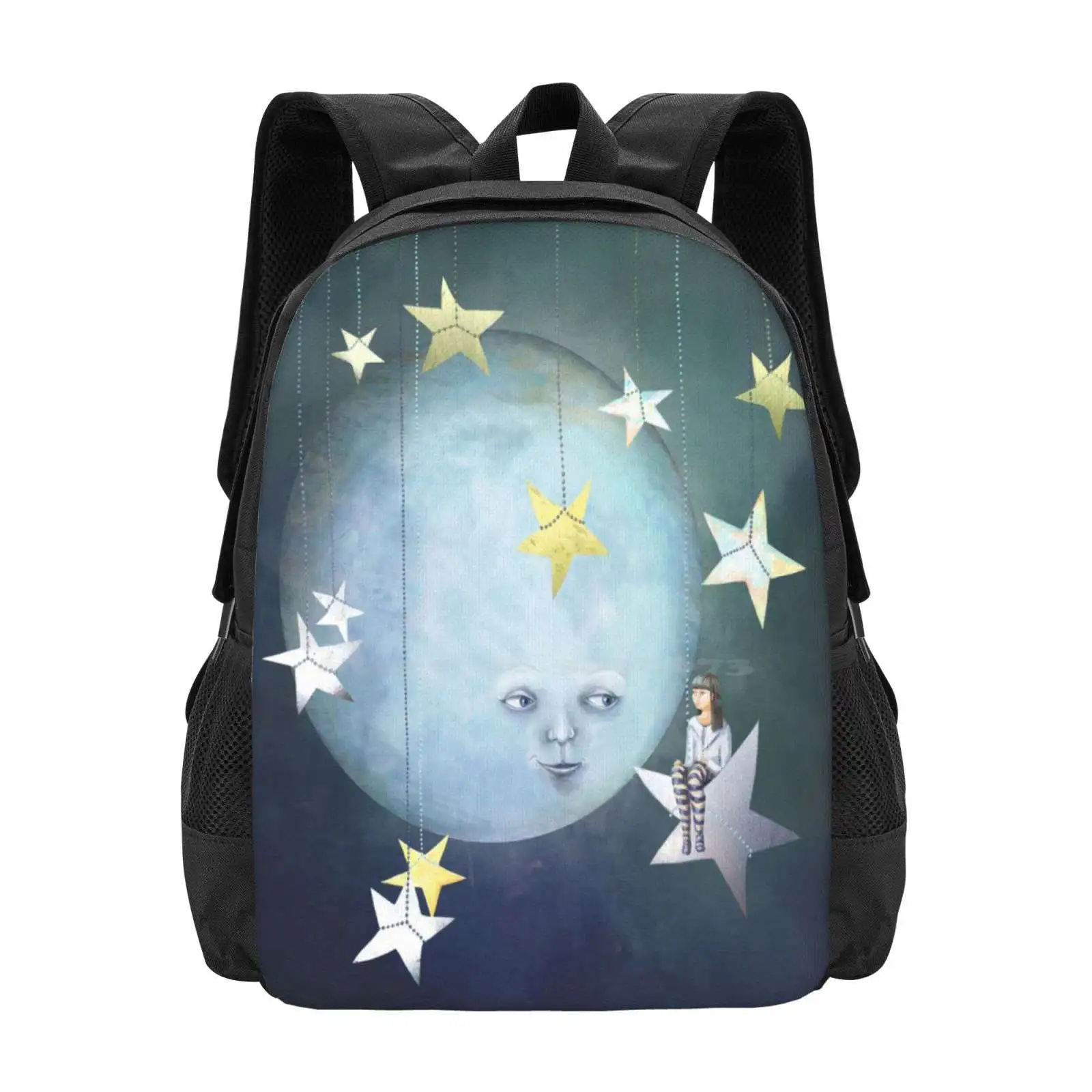 Hanging With The Stars School Bags Travel Laptop Backpack Stars Night Girl Person Beads Surreal Quirky Whimsical Blue Storybook