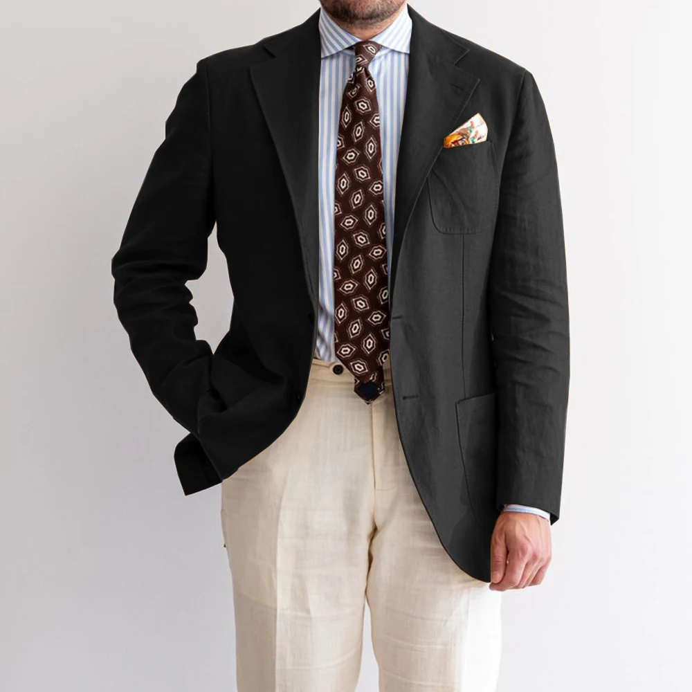 Jaket Setelan Linen Pria Blazer Elegan Kasual Slim Fit Kancing Sebaris Pakaian Formal Bisnis Nyaman Mantel Kantor Pria Bergaya