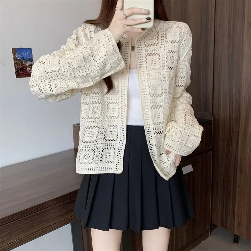 

Вязаный кардиган с длинными рукавами и крючками для женщин, универсальная тонкая солнцезащитная куртка в корейском стиле, топ