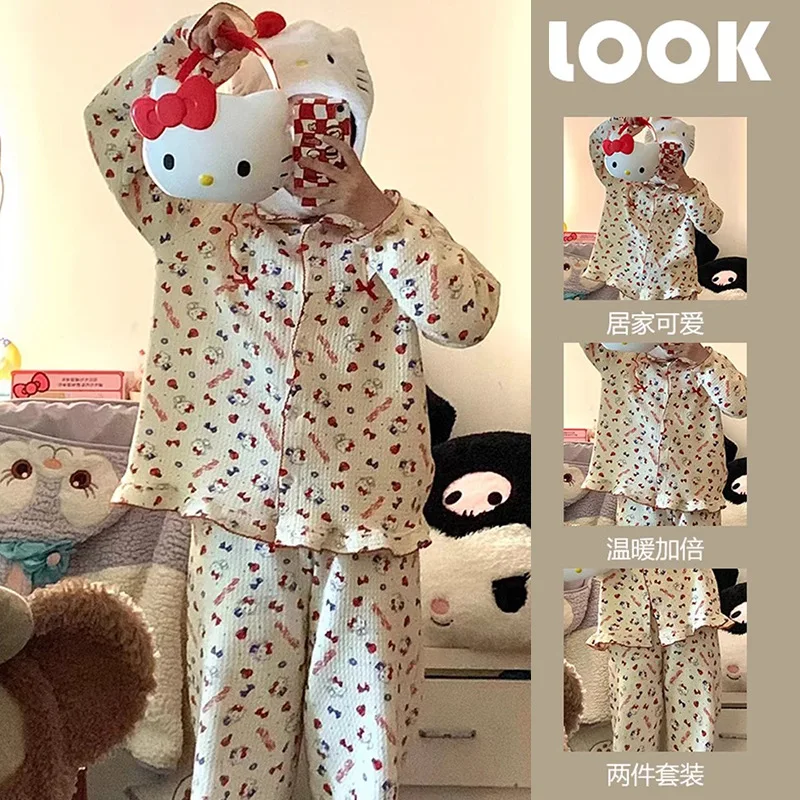 Sanrio hello kitty conjunto de pijamas de algodão ar bonito e doce estilo ins kitty engrossado quente solto roupas para casa para outono e inverno